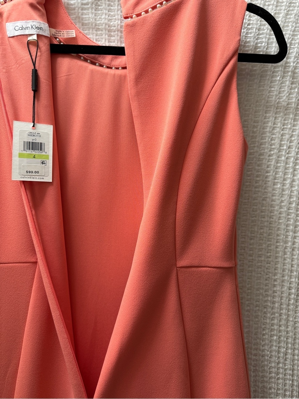 NWT Calvin Klein Dress Sz 4 Coral Pink Peach Pearl Trim Sheath Sleeveless Formal - Picture 4 of 11